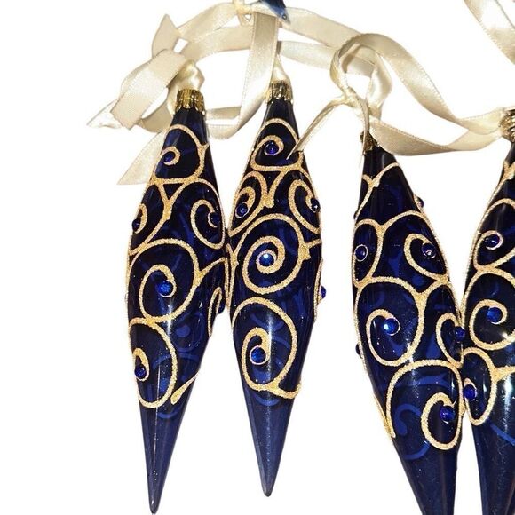 13 Blue Gold Glitter Hand Blown Glass Teardrop Hanging Christmas Ornament